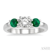 3.90 MM Round Shape Emerald and 1/2 Ctw Past, Present and Future Round Cut Diamond Precious Ring in 14K White Gold
